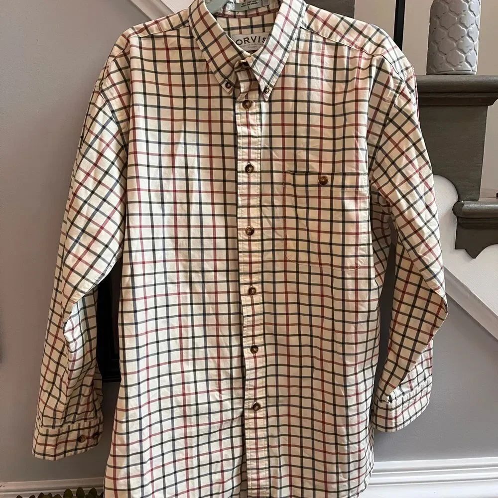 Orvis Red Blue Green Windowpane Plaid Button Down Shirt sz L EUC